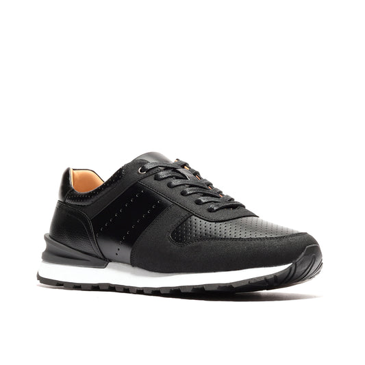 Angled view of black athleisure performance sport runner shoes, showcasing their sleek design and breathable mesh upper, ideal for both athletic performance and casual wear.