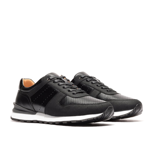 Angled view of a pair of black athleisure performance sport runner shoes, showcasing their stylish design and breathable mesh upper, perfect for athletic performance and casual outings.