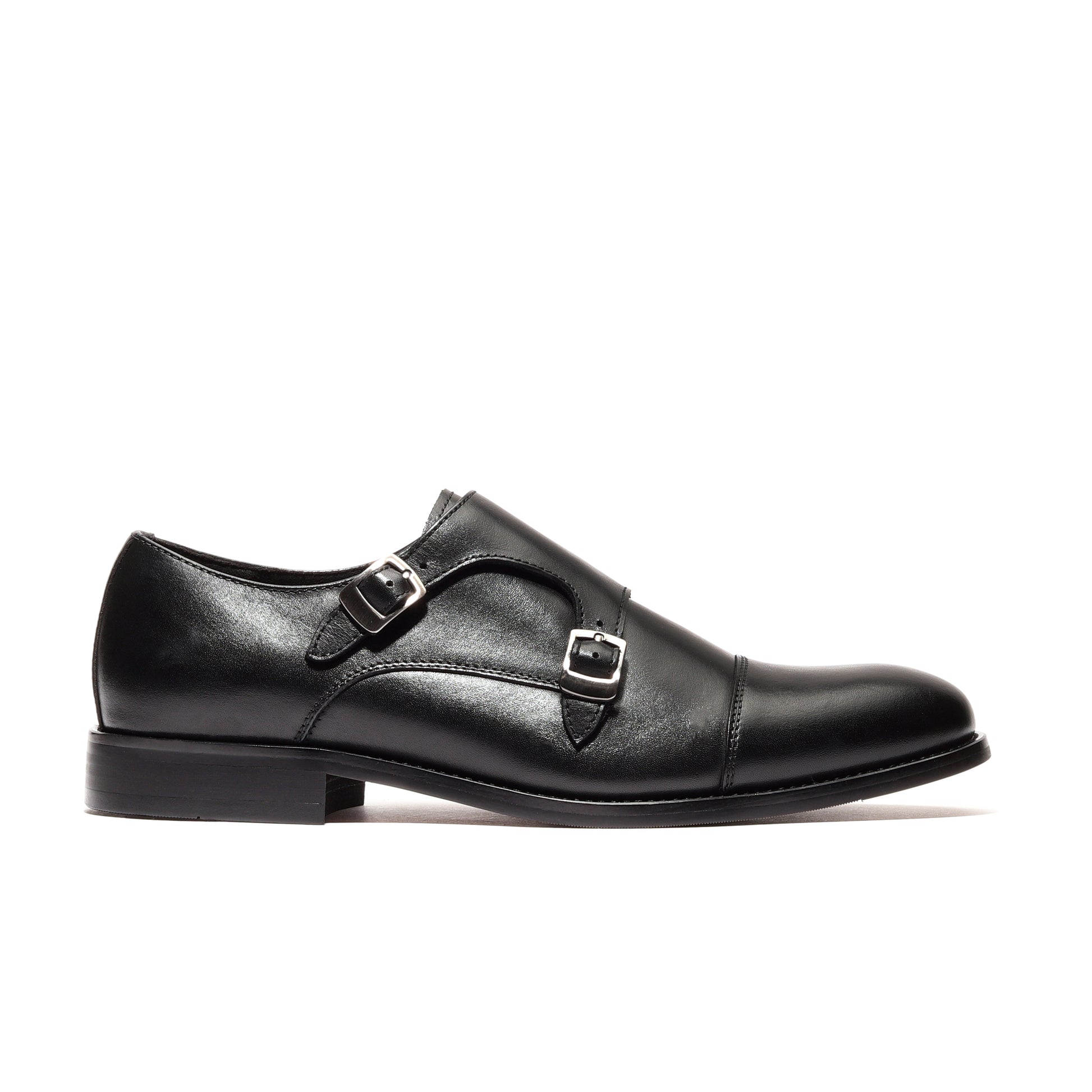 Side view of black monk strap genuine leather formal shoes, highlighting their sleek design and high-quality craftsmanship, ideal for formal occasions and business wear.