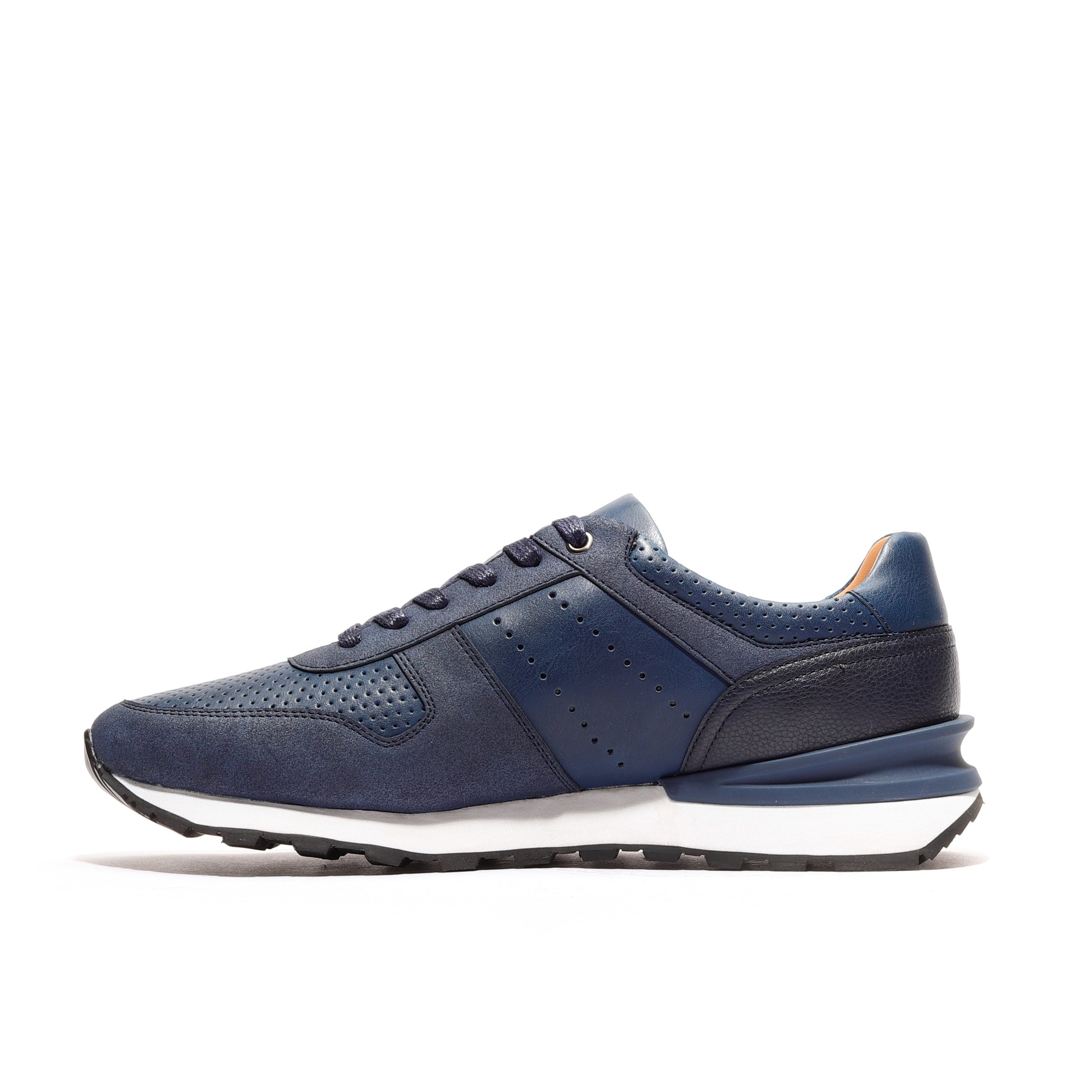 Side view of navy athleisure men's performance mesh runner shoes, showcasing their sleek design and breathable mesh upper for optimal comfort and versatility in both athletic and casual wear.